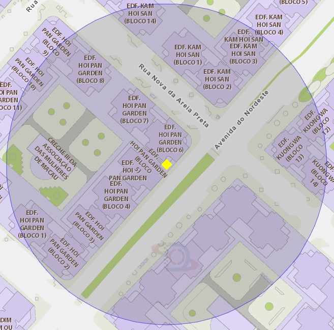 a área de risco com um raio de 100 metros, delimita a paragem do autocarro exclusivo para os trabalhadores da empresa galaxy macau (situada perta do edifício hoi pan garden)