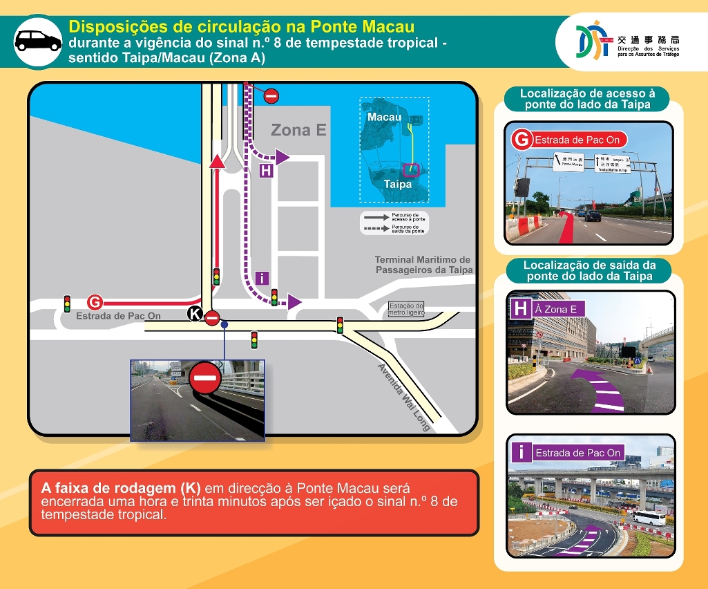 disposições de circulação na ponte macau durante a vigência do sinal n.º 8 de tempestade tropical - sentido taipa  - macau zona a