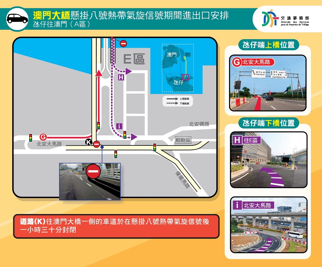 澳门大桥在悬挂八号热带气旋信号期间的进出口安排 – 氹仔往澳门（a区）