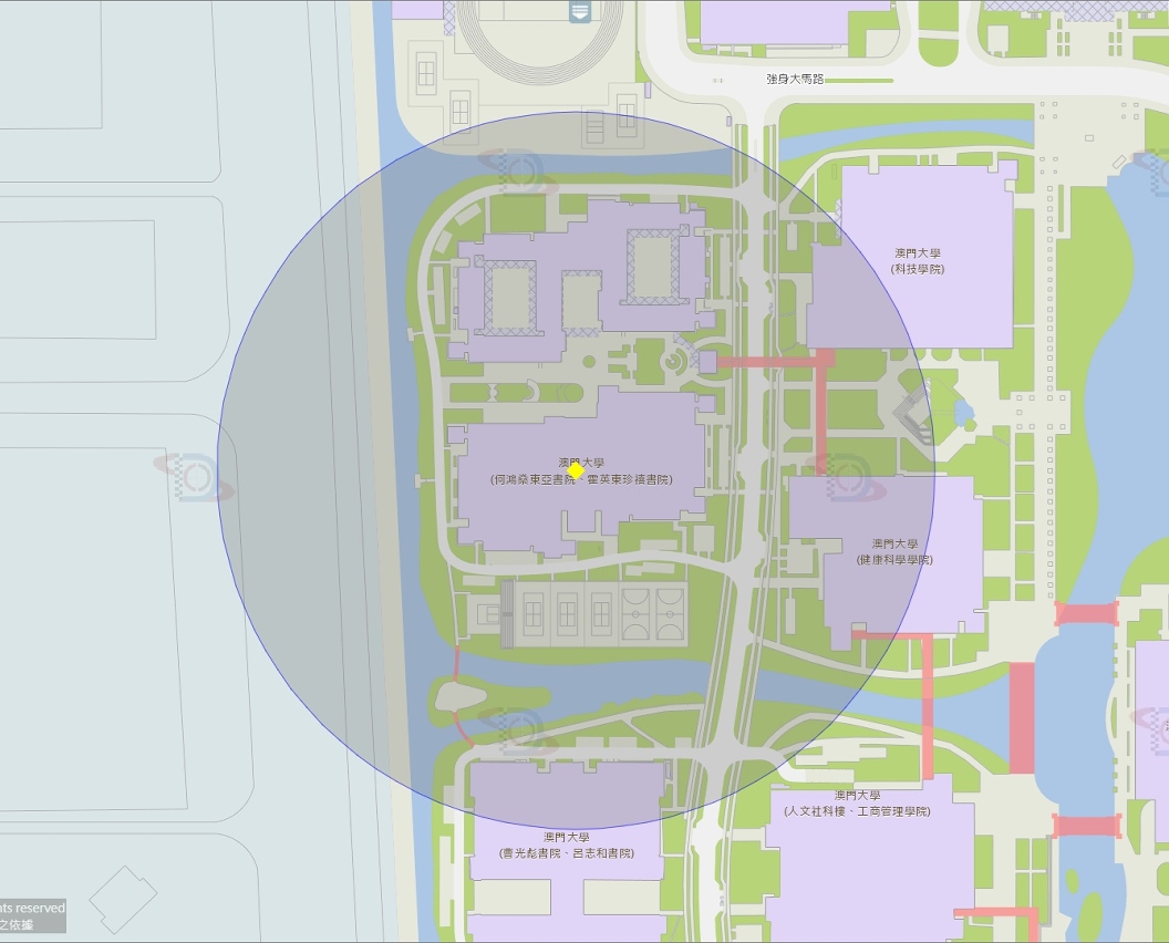 澳門大學附近風險區域200米半徑範圍