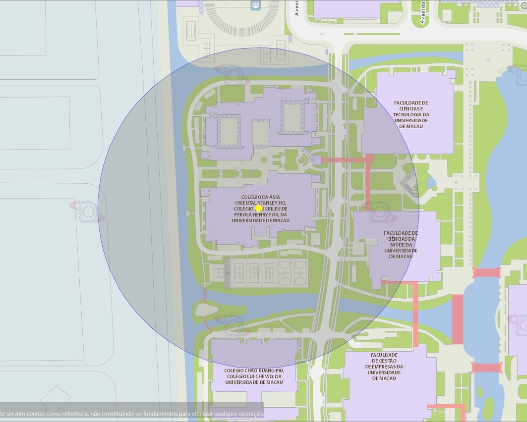 a área de risco, com um raio de 200 metros, circunda a universidade de macau