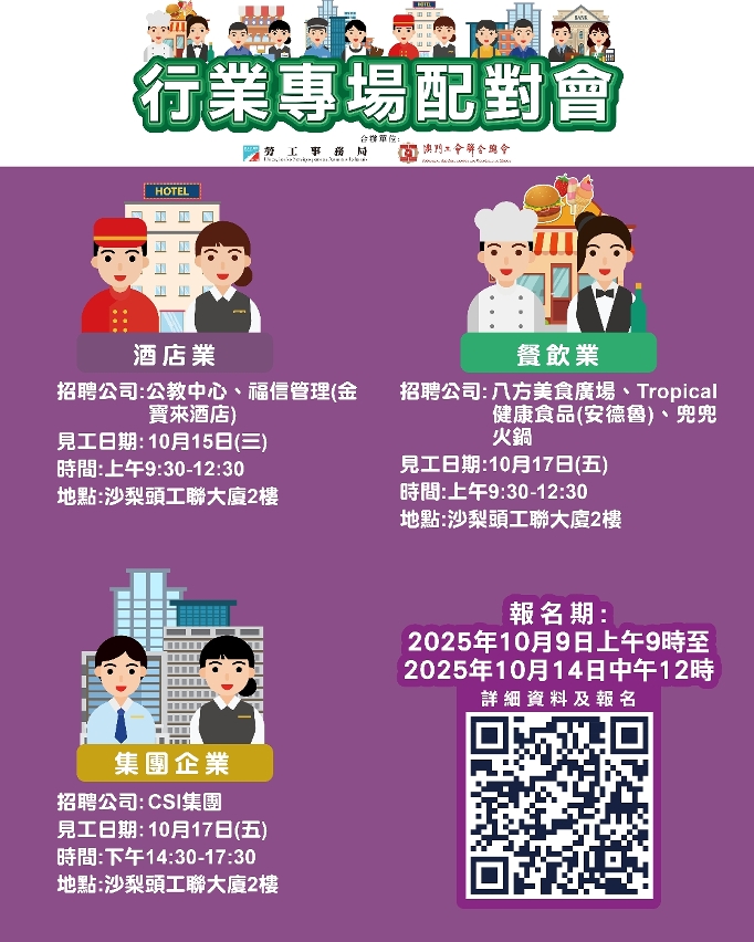 勞工局10月中旬舉辦三場配對會