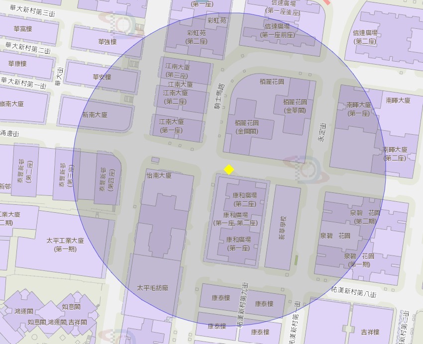 看台街巴士站一帶附近風險區域100米半徑範圍
