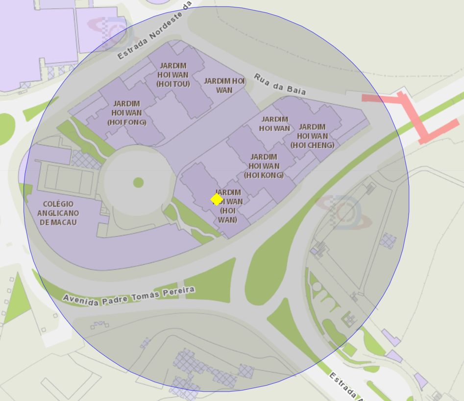 zona de risco com raio de 100 metros nas proximidades do jardim hoi wan (hoi wan) da estrada almirante magalhães correia da taipa