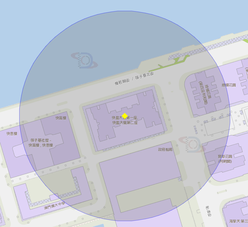 快盈大廈第一座附近風險區域100米半徑範圍