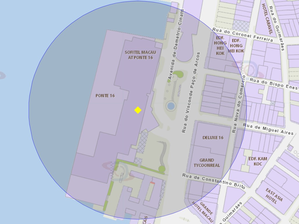 A área de risco com um raio de 100 metros, delimita a Ponte 16 de Macau