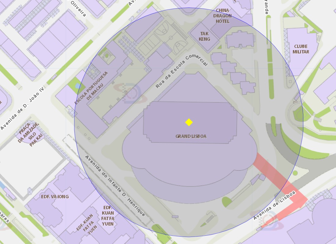 A área de risco com um raio de 100 metros, delimita o Grand Lisboa