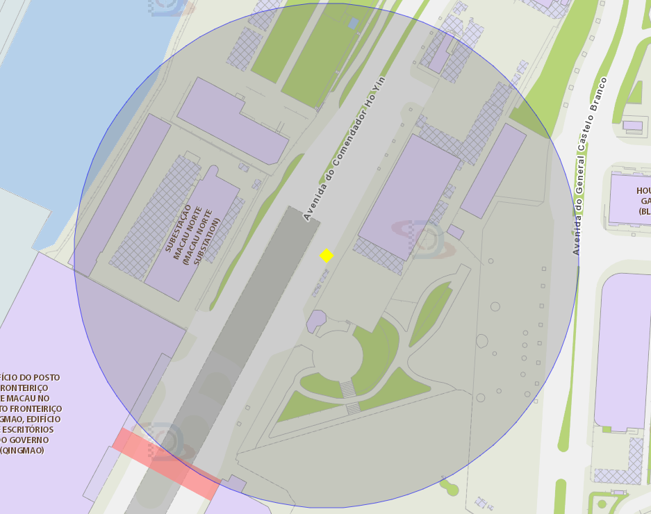 A área de risco com um raio de 100 metros, delimita a paragem do autocarro - Posto Fronteiriço Qingmao