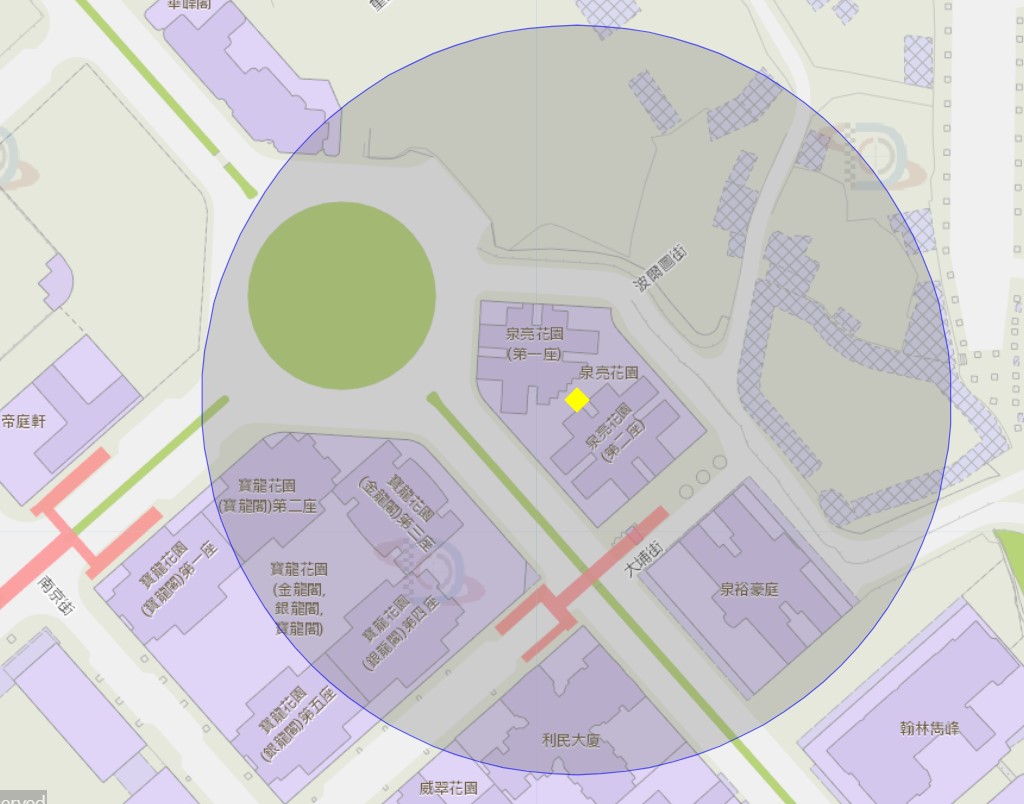 氹仔泉亮花園附近風險區域100米半徑範圍