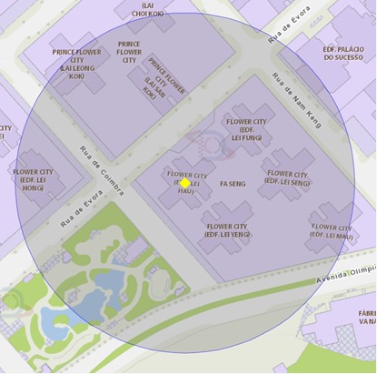 A área de um raio de 100 metros ao redor do edifício lei hao, flower city, situado na rua de coimbra n.º 60, taipa está delimitada como zona de risco