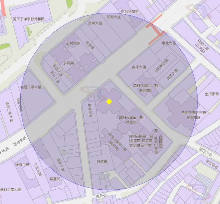 澳門昌明花園金星閣附近風險區域100米半徑範圍