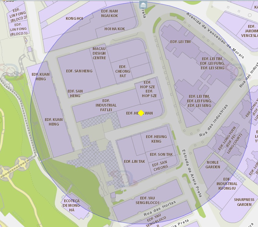 A área de risco com um raio de 100 metros, delimita o edifício heng wan