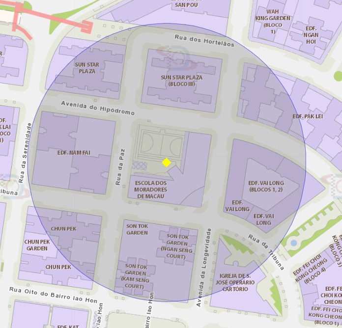 A área de risco com um raio de 100 metros, delimita a escola dos moradores de macau (secção de ensino secundário)