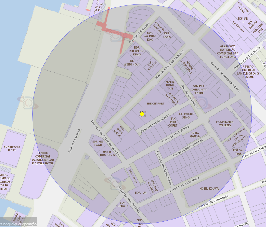 Zona de risco com raio de 100 metros nas proximidades do edifício chun he ge, na rua de cinco de outubro