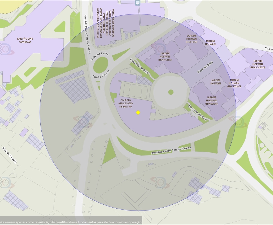 zona de risco com raio de 100 metros nas proximidades do Colégio Anglicano de Macau, na Avenida Padre Tomás Pereira, na Ilha da Taipa