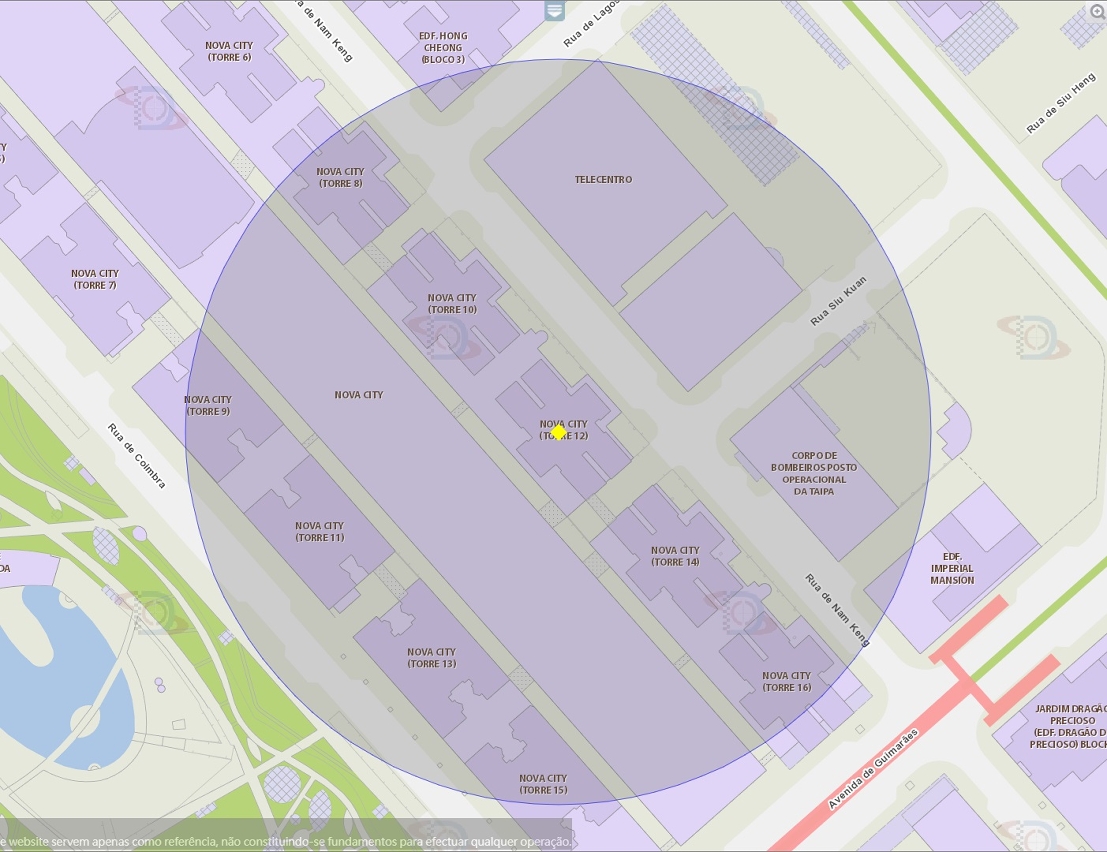 zona de risco com raio de 100 metros nas proximidades do Bloco XII do Edifício Nova City, na Rua de Nam Keng, na Ilha da Taipa