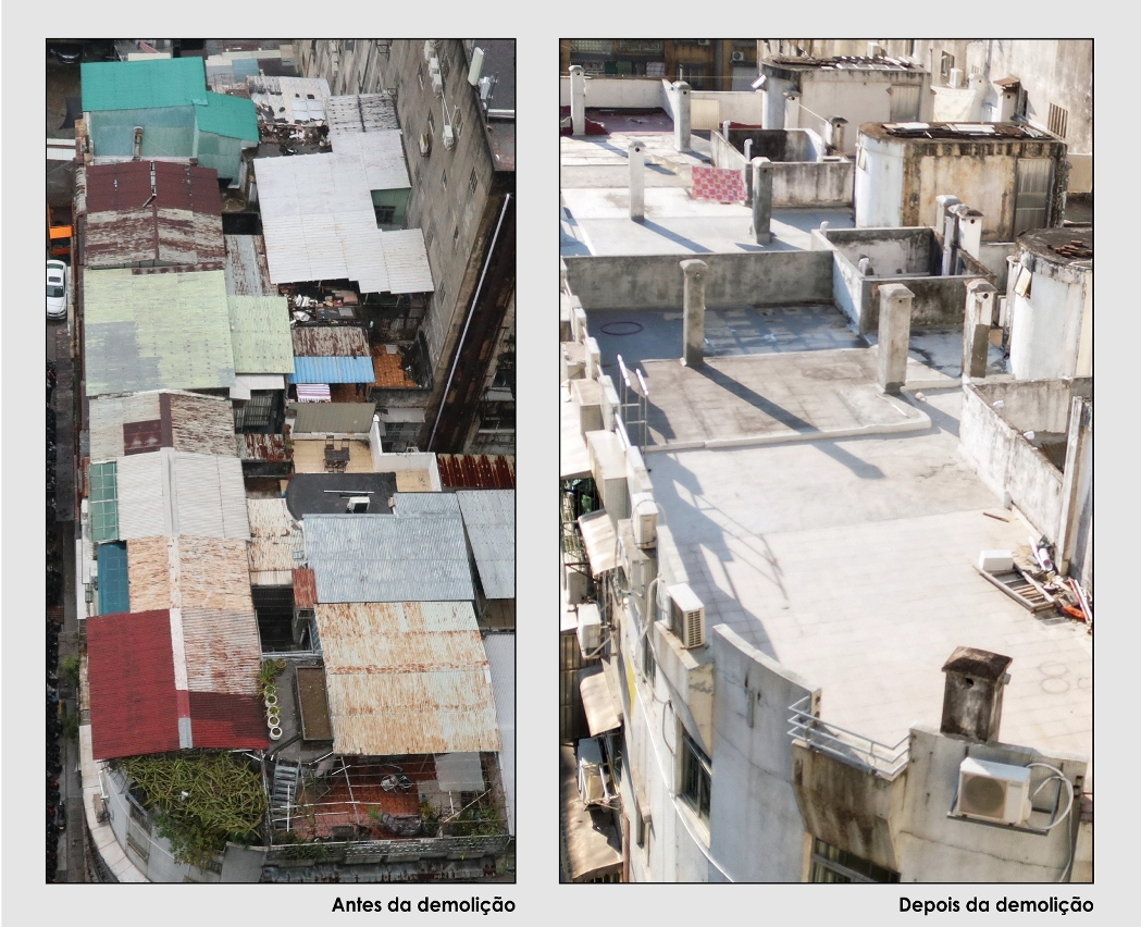 Comparação entre a situação anterior à demolição voluntária das construções ilegais no terraço do edifício e a situação após a demolição