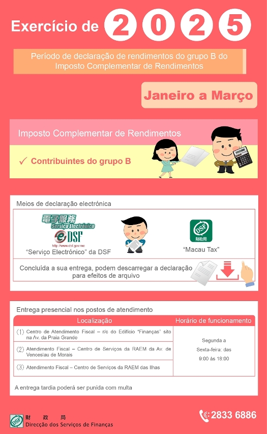 Entrega, entre Janeiro e Março, das declarações de rendimentos do grupo B do Imposto Complementar de Rendimentos referentes ao exercício de 2025