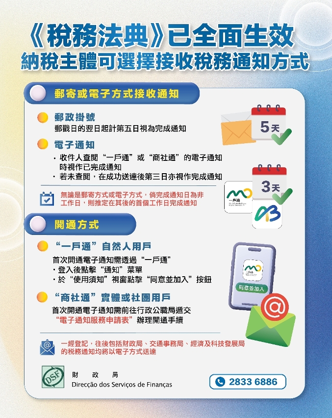 《稅務法典》已全面生效 納稅主體可選擇接收稅務通知方式