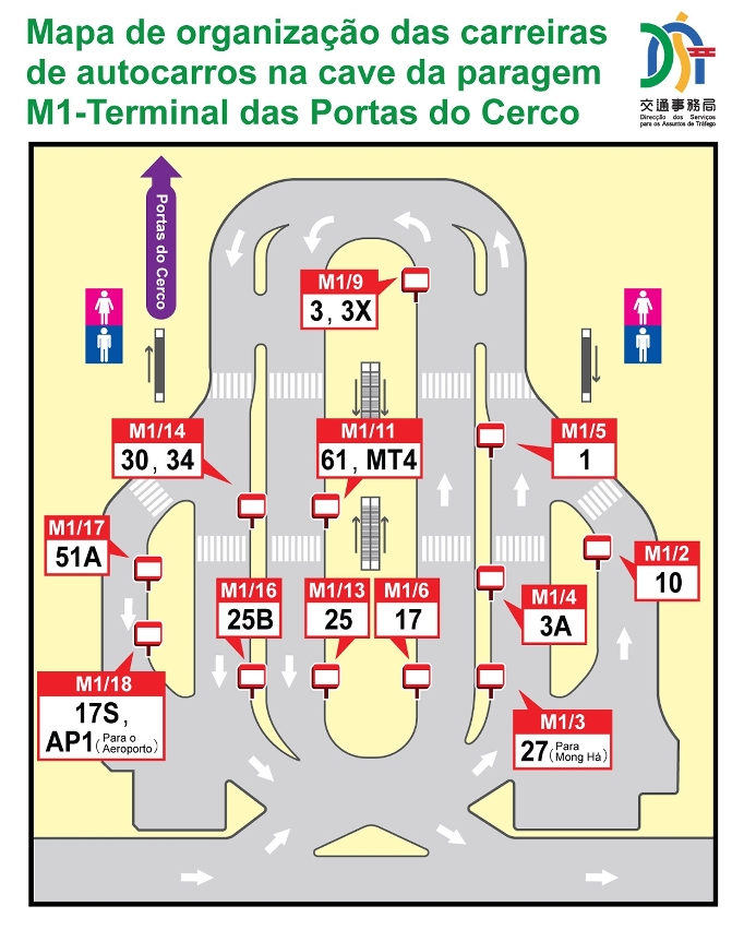 Mapa de organização das carreiras de autocarros na cave da paragem M1-Terminal das Portas do