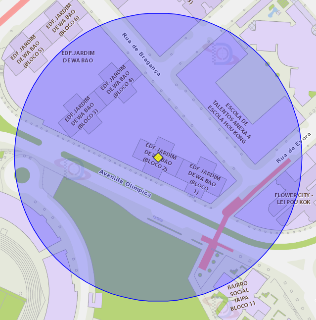 zona de risco com raio de 100 metros nas proximidades do Bloco II do Edifício Jardim de Wa Bao.