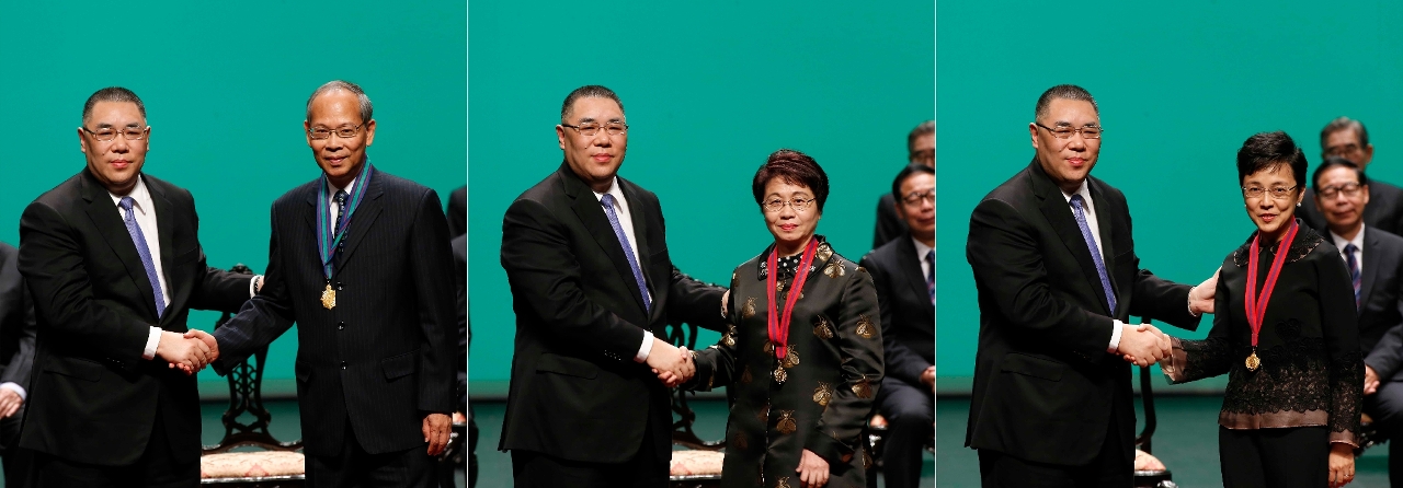 Lei Pui Lam, Leong Lai,and Maria Helena de Senna Fernandes receive the Decoration of Honour-Golden Lotus, Medal of Merit-Education, and Medal of Merit-Tourism, respectively.