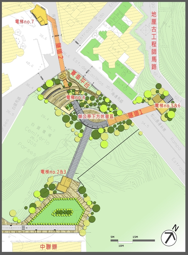 Plantas de localização das duas passagens inferiores para peões junto do Pavilhão de Cheok Kun com acessos à Calçada do Gaio e ao trilho da Colina da Guia.