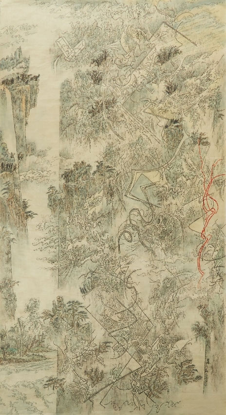 Work 04 Digital Rockery Ink and colour on silk  209 x 113 cm 2015