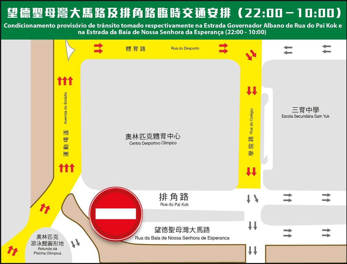 周一起近奧林匹克游泳館圓形地的一段排角路實施交通管制