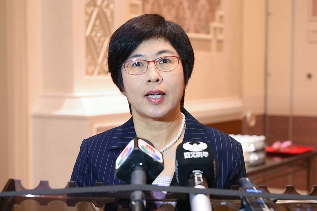 Secretary for Administration and Justice, Ms Chan Hoi Fan, meets the press.