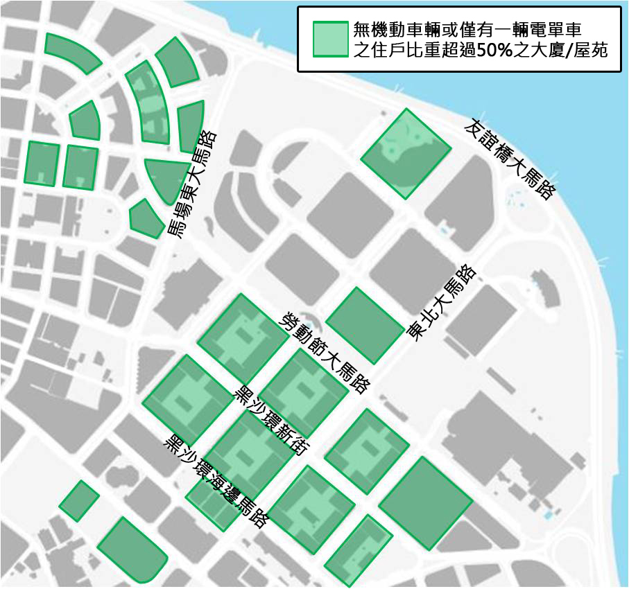 北區65%住戶無機動車輛或僅有一輛電單車，“無車一族”較集中於住宅中心群