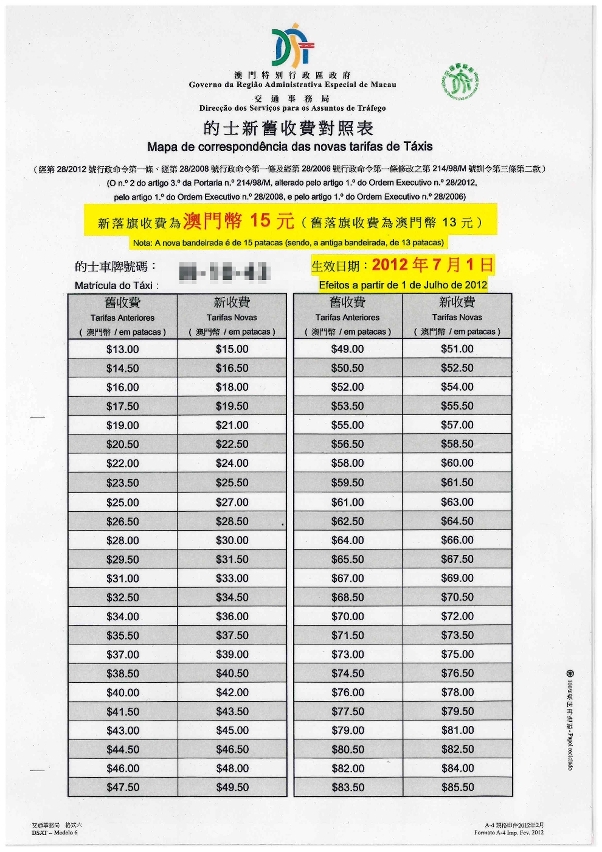 的士收費新舊對照表式樣