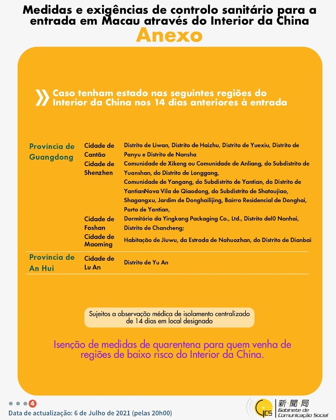 Medidas e exigências de controlo sanitário para a entrada em Macau de indivíduos de diferentes identidades.