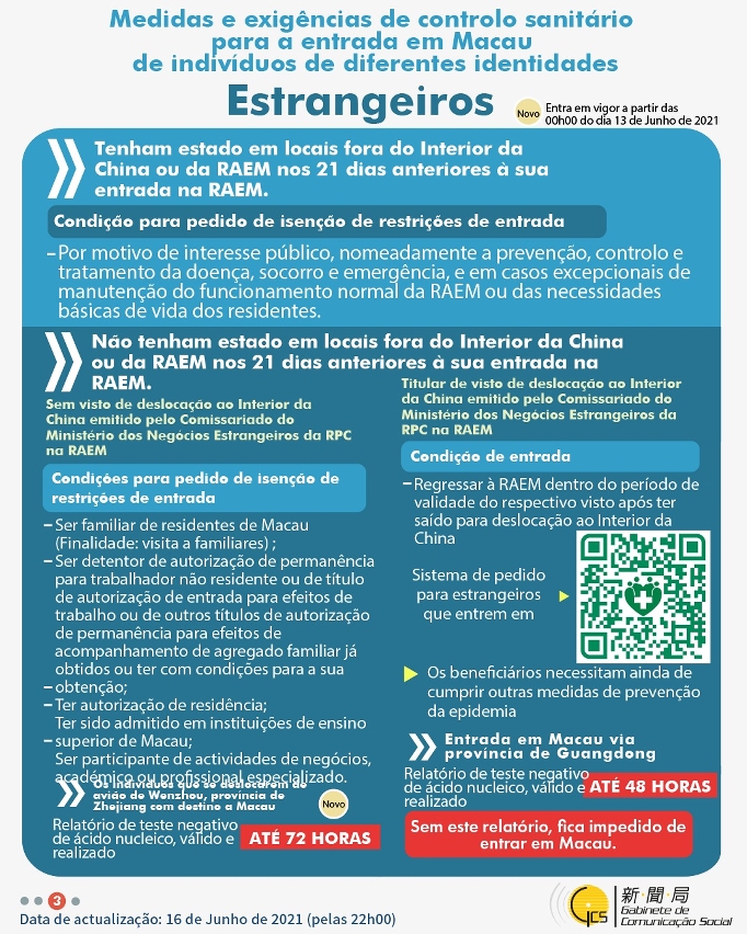 Medidas e exigências de controlo sanitário para a entrada em Macau de indivíduos de diferentes identidades.