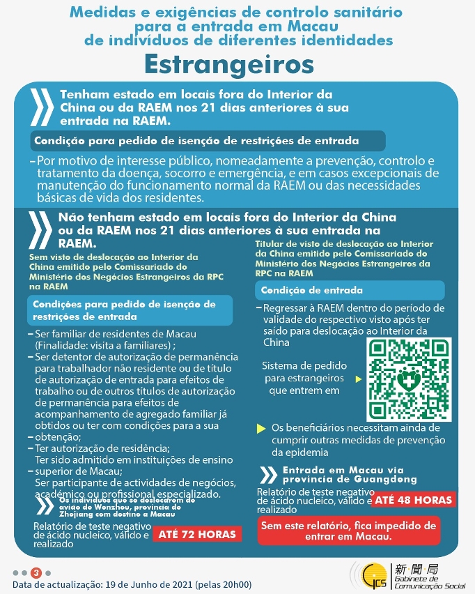 Medidas e exigências de controlo sanitário para a entrada em Macau de indivíduos de diferentes identidades.