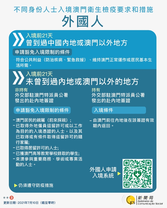 不同身份人士入境澳門衛生檢疫要求和措施