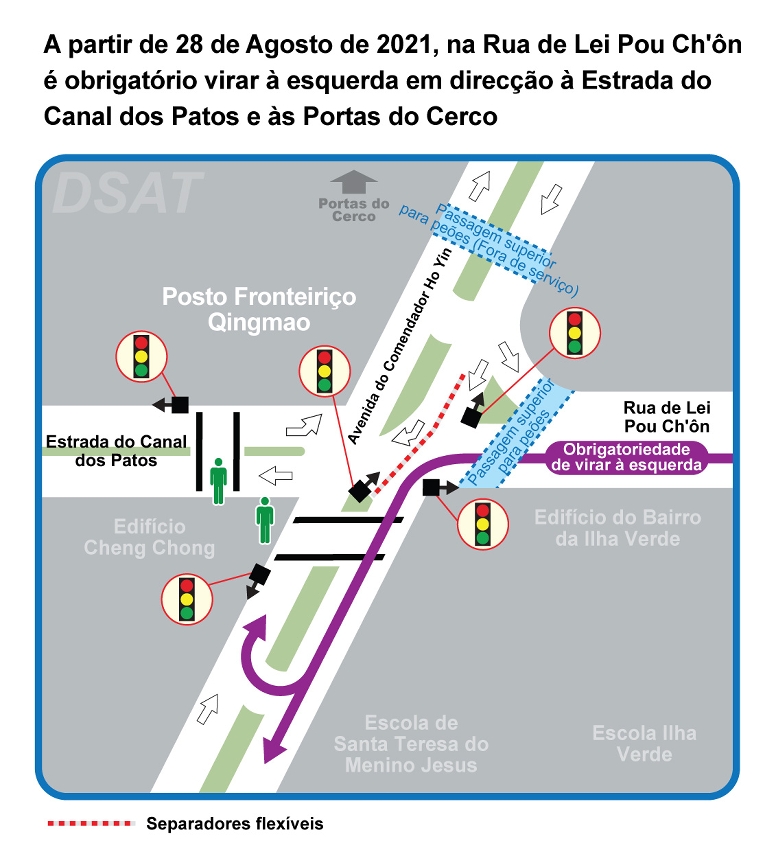 esquema da sinalização luminosa no cruzamento da avenida do comendador ho yin com a estrada do canal dos patos e a rua de lei pou ch'ôn