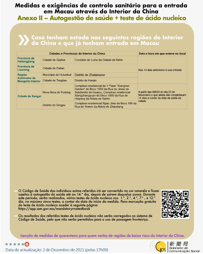 Medidas e exigências de controlo sanitário para a entrada em Macau de indivíduos de diferentes identidades.