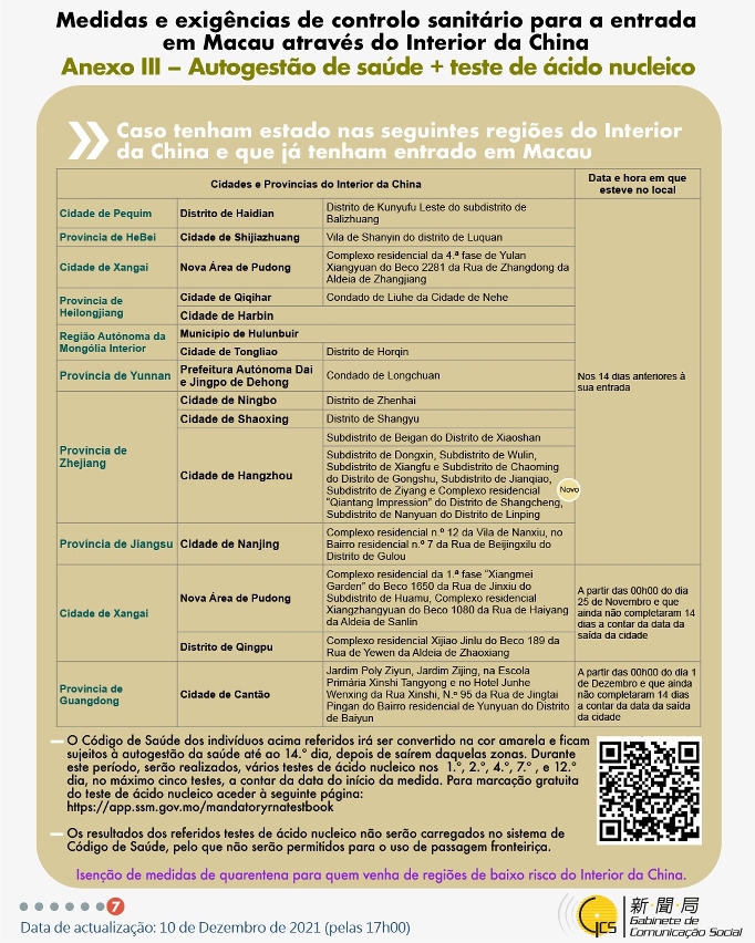 Medidas e exigências de controlo sanitário para a entrada em Macau de indivíduos de diferentes identidades.
