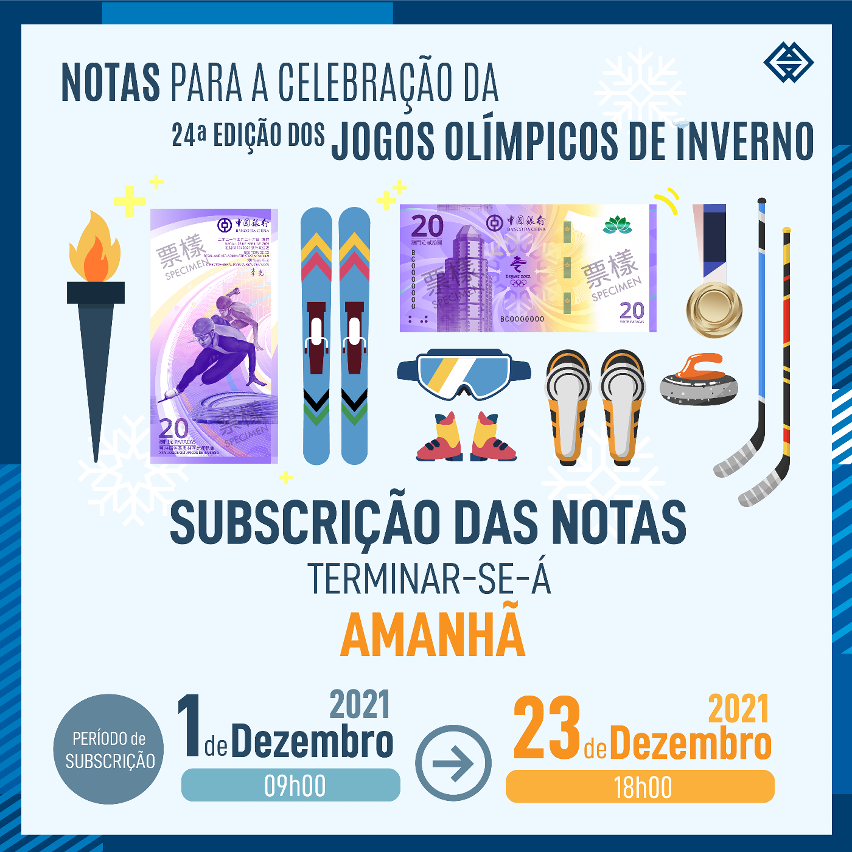 Subscrição das notas para a celebração da 24.ª Edição dos Jogos Olímpicos de Inverno terminar-se-á amanhã