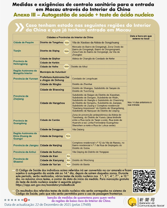 Medidas e exigências de controlo sanitário para a entrada em Macau de indivíduos de diferentes identidades.