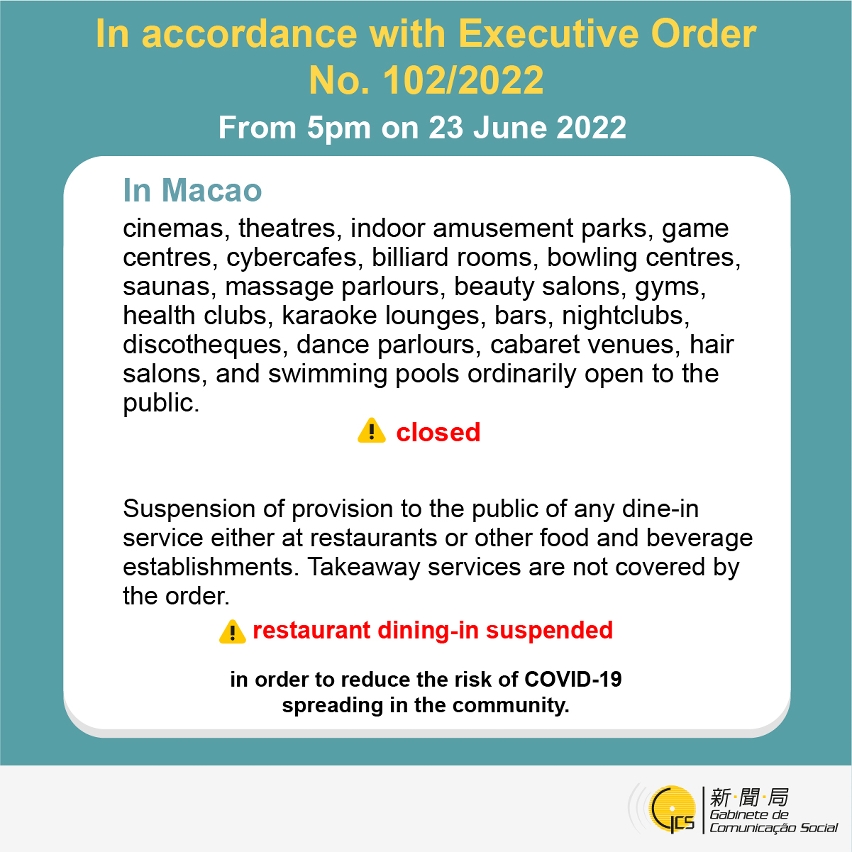 Certain recreational facilities and restaurant dining-in suspended from 5pm