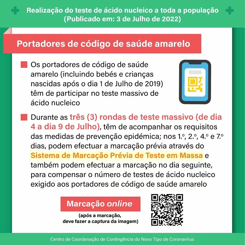 infografia sobre as observações para os portadores de código de saúde amarelo, durante o período de teste massivo de ácido nucleico