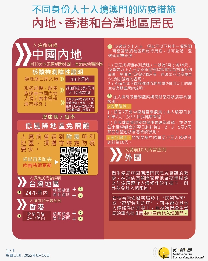 不同身份人士入境澳門的防疫措施