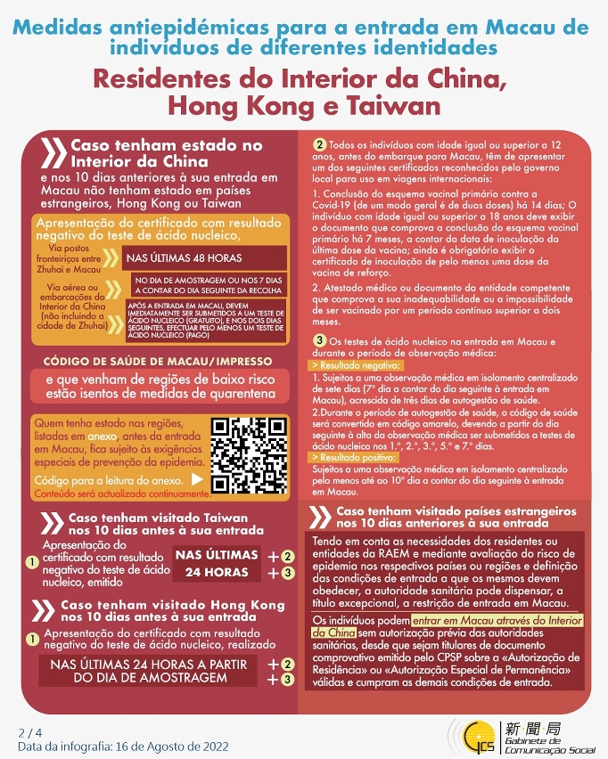 Medidas antiepidémicas para a entrada em Macau de indivíduos de diferentes identidades