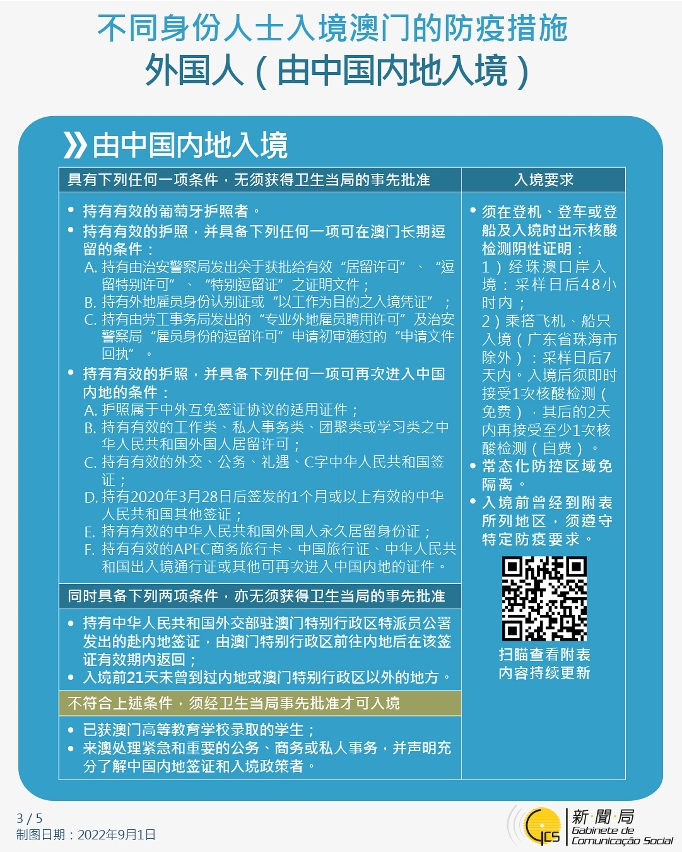 不同身份人士入境澳门的防疫措施