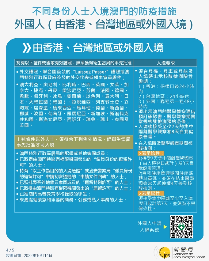 不同身份人士入境澳門的防疫措施