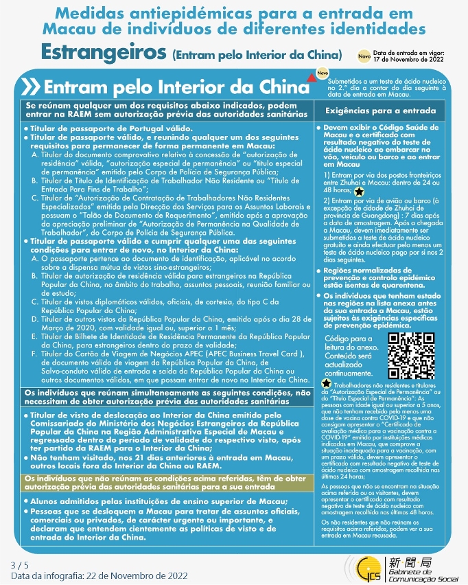 Medidas antiepidémicas para a entrada em Macau de indivíduos de diferentes identidades