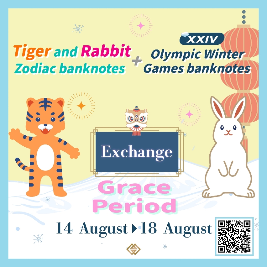 Grace period for the exchange of the Tiger and Rabbit Zodiac banknotes and the XXIV Olympic Winter Games banknotes