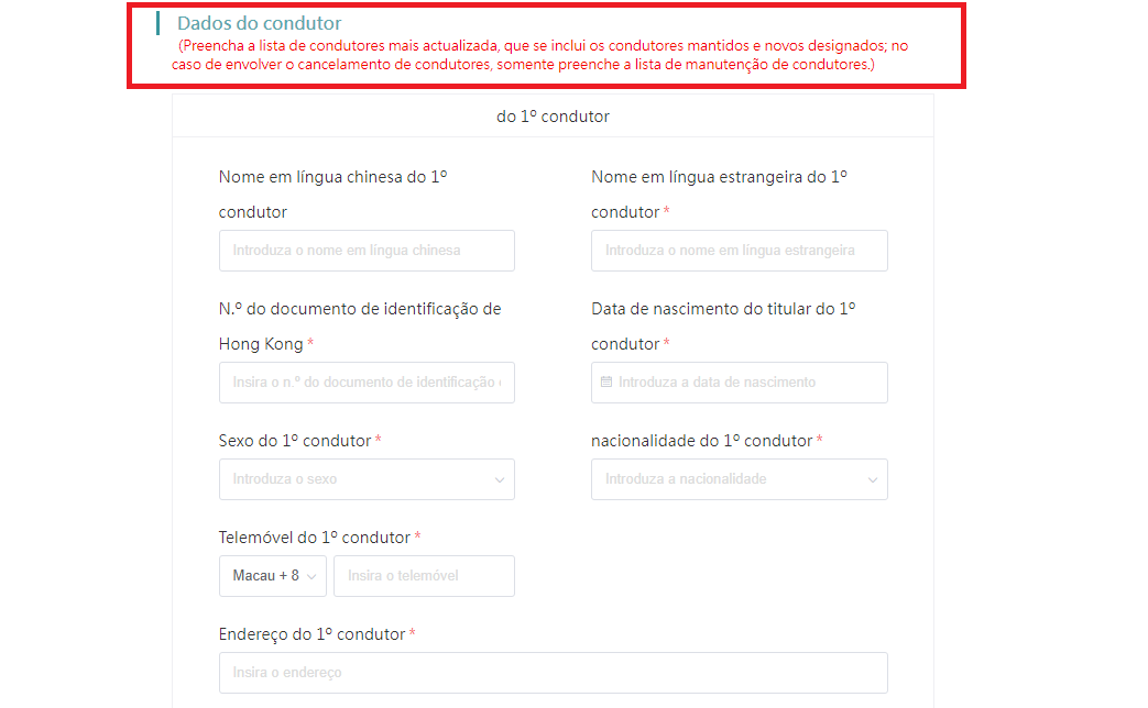 É necessário preencher os dados de todos os condutores da nova combinação